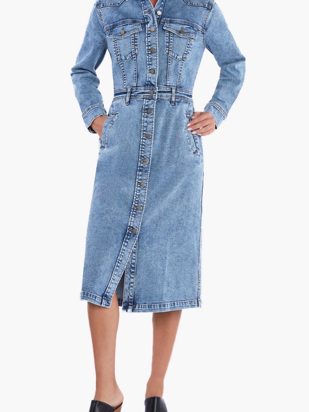 Classic Light Blue Denim Midi Dress with Button Front